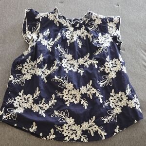 LOFT Dark Blue Top with White Embroidery